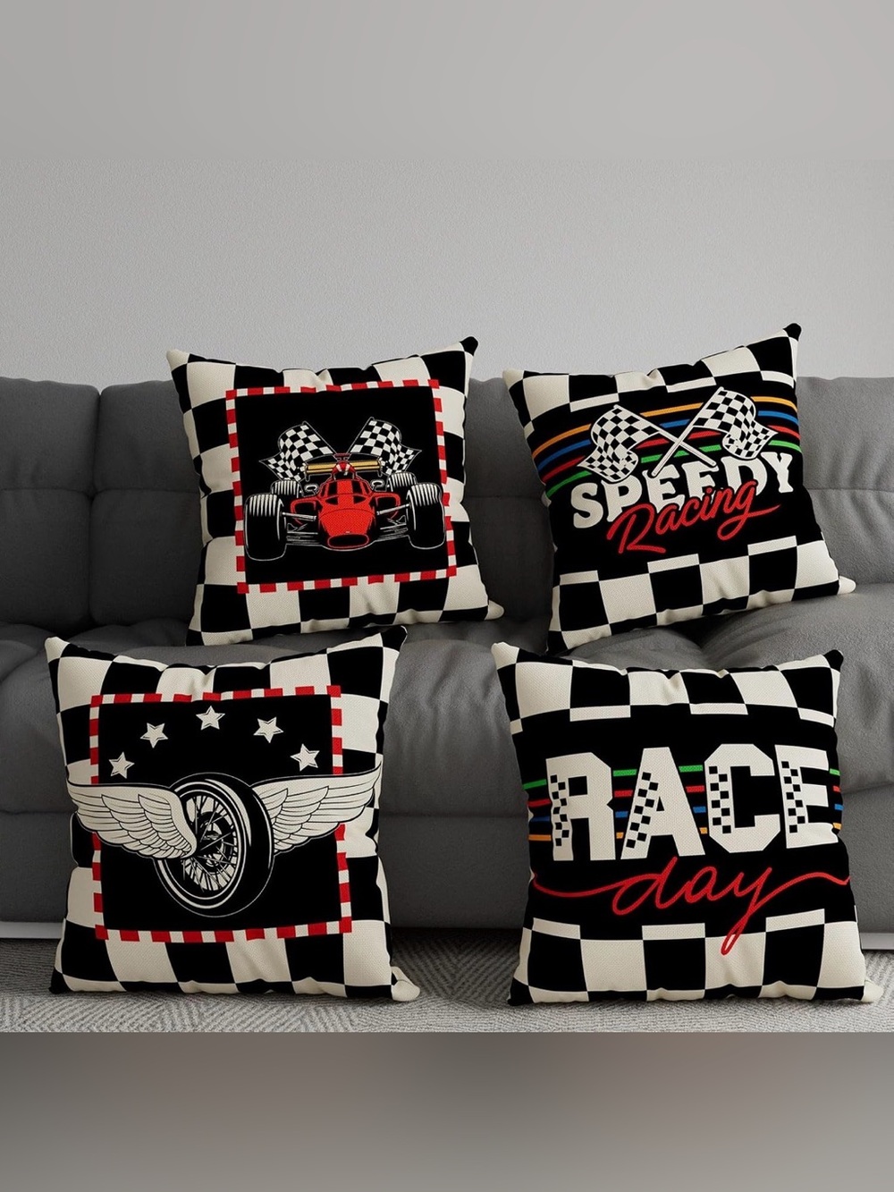 Checkered Racing Pillow Covers Set of 4 - NEW
